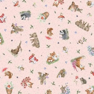 May include: A repeating pattern featuring watercolor illustrations of woodland animals, including foxes, rabbits, and badgers, along with mushrooms and floral elements. The design is set against a speckled, light pink background.