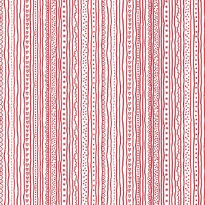 May include: A seamless pattern of red lines with different textures and patterns on a white background. The lines include hearts, dots, stars, and wavy lines.
