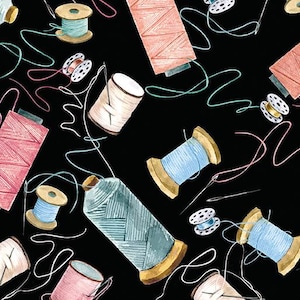 May include: A black background with colorful spools of thread, needles, and bobbins. The spools of thread are in various colors, including pink, blue, and green. The needles are silver and the bobbins are white.