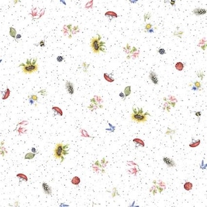 May include: A white background with a repeating pattern of small, colorful flowers, mushrooms, and other nature-inspired elements. The pattern is subtle and delicate, creating a whimsical and charming aesthetic.