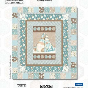 May include: A quilt pattern featuring two gnomes in a winter scene. The gnomes are wearing blue and white hats and scarves. The background is a patchwork of blue, brown, and white squares. The finished quilt size is 60 inches by 65 inches.