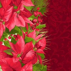 May include: A close-up of a red poinsettia flower arrangement with green leaves and red berries. The flowers are arranged in a vertical line, with the stems and leaves extending to the right. The background is a dark red.
