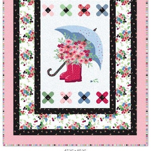 May include: A floral quilt with a central design featuring a blue umbrella, pink rain boots, and a bouquet of pink flowers. The quilt has a pink and black border with floral patterns and measures 47 1/4" x 60 1/4". The quilt is labeled "Cloudburst by Jill Finley".