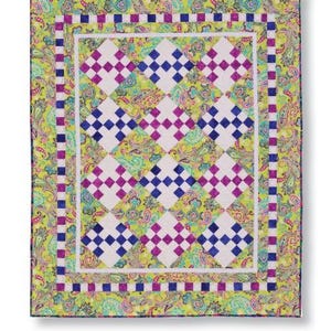 May include: A quilt featuring a Kissing Nine-Patch Set on Point pattern with a lime green paisley background, alternating purple and blue square blocks, and a checkered border. The text reads: KISSING NINE-PATCH SET ON POINT, Anything But Boring.
