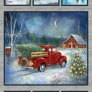 May include: A red pickup truck with a Christmas tree in the back drives down a snowy road at night. The truck is driving past a red barn with a wreath on the door. There is a snowman in the snow near the barn.