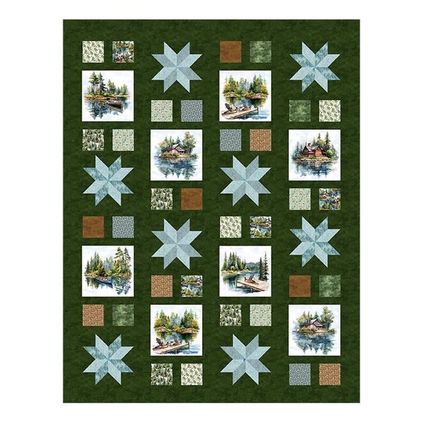 Lakeside Retreat Farmer's Stardust Quilt Kit - Fabrics from Lakeside Retreat collection by Northcott Fabric - 63" x 79"