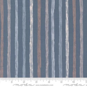 May include: Blue, beige, and white striped fabric with a textured, brushstroke pattern. The fabric is shown with a ruler for scale.