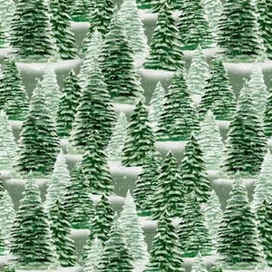 May include: A repeating pattern of evergreen trees in varying shades of green and white, creating a winter forest scene. The trees are densely packed, with some appearing snow-covered. The background is a soft, muted green.
