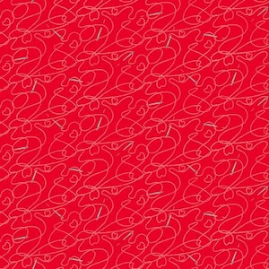 May include: A red background with a white pattern of curved lines and needles. The needles are silver and have a white thread.