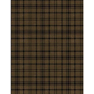 May include: A fabric featuring a classic plaid pattern with a dark brown base color and intersecting thin black lines that form a grid. The material has a visible woven texture throughout, creating a consistent and repeating geometric design.