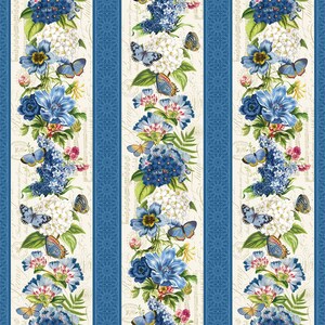 May include: A white fabric with a repeating pattern of blue stripes and floral bouquets. The bouquets feature blue, white, and pink flowers with butterflies.