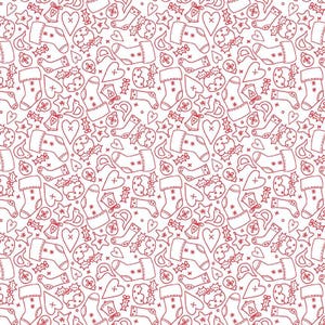 May include: A seamless pattern featuring a variety of red Christmas-themed illustrations, including stockings, hearts, bells, stars, and holly leaves. The illustrations are outlined in red and set against a white background.