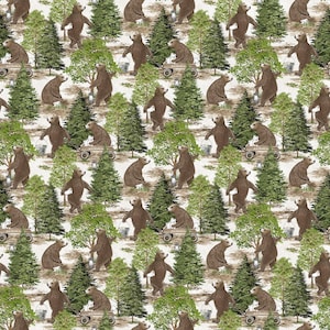 May include: A repeating pattern featuring brown bears, green trees, and small white wagons on a cream-colored background. Some bears carry buckets, while others stand upright. The design has a rustic, outdoorsy theme.