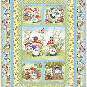 May include: A rectangular fabric quilt panel featuring multiple illustrations of gnomes in a garden setting with mushrooms, flowers, birds, and butterflies. The border is decorated with a repeating pattern of gnomes and butterflies on a light blue background.