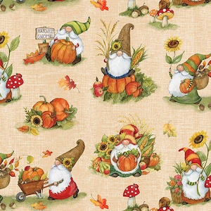 May include: A repeating pattern featuring whimsical harvest gnomes. The gnomes are depicted with white beards, colorful hats, and red or green outfits. They are surrounded by pumpkins, sunflowers, mushrooms, and autumn leaves. Some gnomes are holding pumpkins or using a wheelbarrow. The text "HARVEST GNOME" is visible.