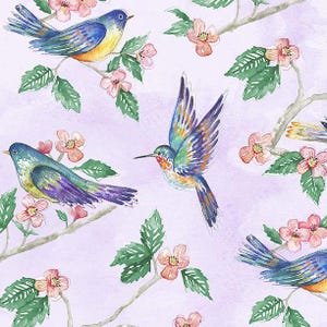 May include: A watercolor painting of a purple background with colorful birds and pink flowers. The birds are flying and perched on branches. The flowers are blooming and have green leaves.