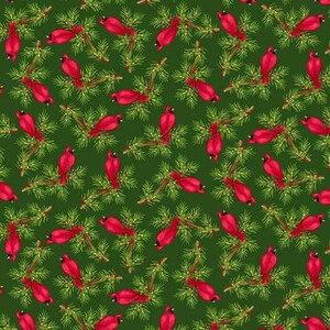 May include: A repeating pattern of red cardinal birds perched on green pine branches against a dark green background. The birds are depicted in various poses, creating a festive and seasonal design.