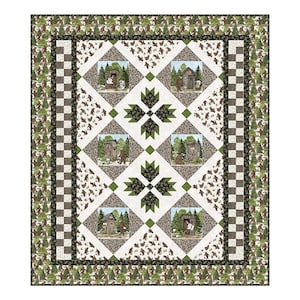 May include: A quilted blanket with a nature theme. The quilt features a repeating pattern of bears, trees, and outhouses. The border has a checkerboard pattern and a forest design. The color palette includes shades of brown, green, and white.