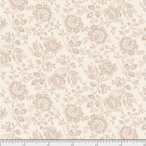 May include: Cream-colored fabric with a repeating floral pattern. The design features large, detailed roses and smaller blossoms connected by winding stems and leaves in a muted taupe color. The fabric has a vintage, romantic aesthetic.