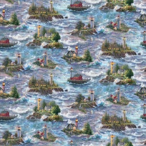 May include: A repeating pattern of lighthouses on islands in a stormy sea. The lighthouses are white with red roofs and are surrounded by small houses and trees. The sea is a light blue with white waves.