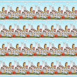 May include: A repeating pattern of cartoon animals, including llamas, chickens, and horses, all wearing hats and holding books. The animals are arranged in rows on a light blue background with white clouds.