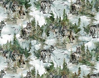 Lone Wolf - "Teal Multi Wolf Scenic" - 27183 64 - by Deborah Edwards and Melanie Samra for Northcott Fabric