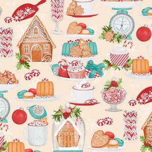 May include: A festive pattern featuring gingerbread houses, cookies, cupcakes, and candy canes. The design includes red, white, and teal accents, with a light beige background and snowflake details. The image showcases a holiday theme.