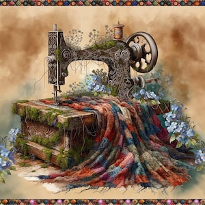 May include: An artistic rendering of a vintage sewing machine, adorned with greenery and blue flowers. A colorful patchwork quilt cascades from the wooden base. The machine's intricate details and the quilt's textures create a whimsical, handcrafted feel.