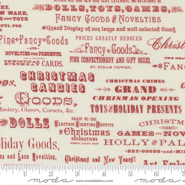 7396 22 Christmas Faire Vintage Christmas Headlines Cream Ruby Red by Cathe Holden for Moda Fabrics (See our other Christmas Faire fabrics)