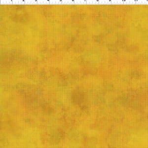May include: A close-up of a fabric with a yellow and orange dotted pattern. The fabric has a textured appearance with a mottled effect, creating a visual depth. The dots are evenly spaced, forming a grid-like design.