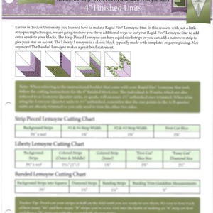 May include: A design sheet for Rapid Fire Lemoyne Star, featuring advanced strip piecing techniques. The sheet includes charts for Strip Pieced, Liberty, and Banded Lemoyne Stars, with 4-inch finished units. The color scheme is primarily purple and green.