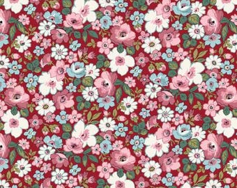 Puede incluir: Un fondo rojo con un patrón repetitivo de flores rosas, blancas y azules. Las flores están dispuestas en un patrón aleatorio y están rodeadas de hojas verdes.