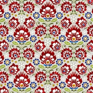 May include: A seamless pattern featuring red, white, and blue stylized flowers with green stems and leaves on a light gray background. The pattern is reminiscent of traditional folk art.