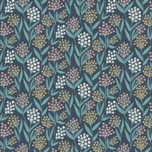 May include: A seamless pattern featuring a repeating design of white, pink, and yellow flowers on a dark blue background. The flowers are stylized and have a simple, modern look.