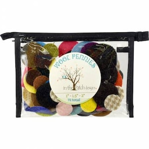 May include: A clear plastic bag filled with 72 colorful wool felt circles, ranging in size from 1 to 2 inches. The bag is labeled "Wool Pennies in the Patch Designs".