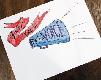 Voter Postcards - Printable Postcards to Voters 8.5x11" - Your Vote is Your Voice -  Hand Drawn Color Pencil Postcard - Political Postcards