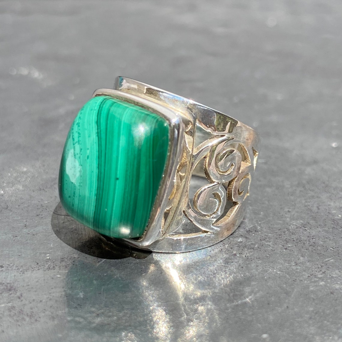 Malachite Ring Silver Malachite Ring Filigree Band Etsy Australia