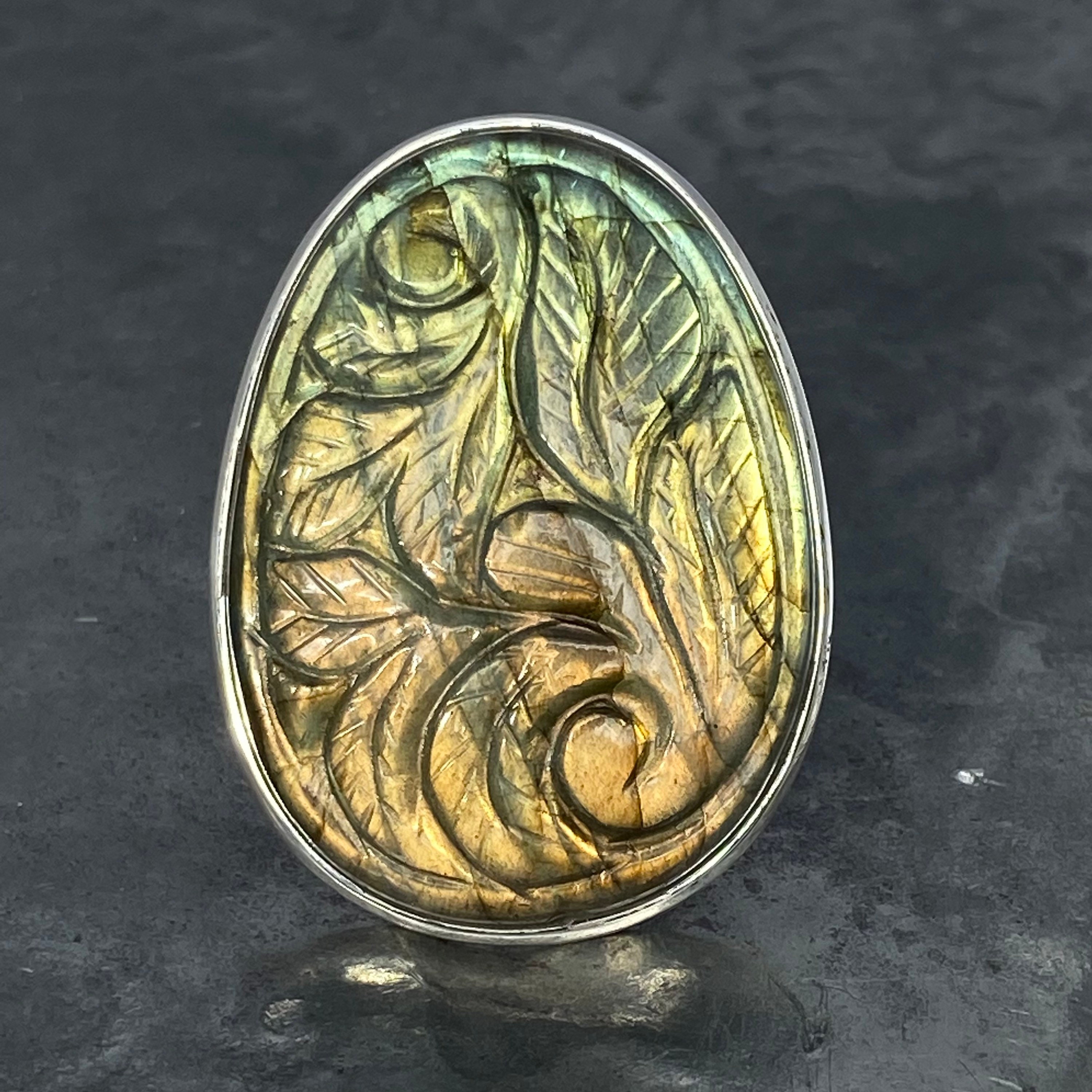 Labradorite ring - carved labradorite ring - sterling silver labradorite ring with adjustable band size U.K. - P, US - 7 3/4, EU - 56