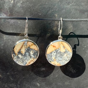 Peut inclure: Une paire de boucles d'oreilles pendantes en argent avec des accents de pierre ronds, crème, gris et noir.