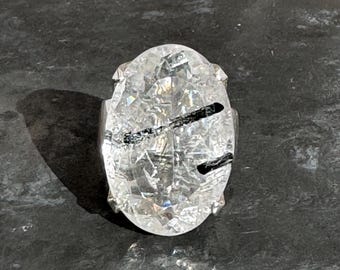 Tourmalinated Quartz Ring - Silver Black Tourmalinated Quartz Faceted Ring size U.K. - m, US - 6 1/2, eu - 53