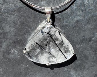 Tourmalinated Quartz Pendant - faceted tourmaline quartz pendant - quartz with black tourmaline necklace 50x43 mm
