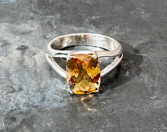Citrine Ring, checker cut Citrine ring, silver citrine ring size UK - m, US - 6 1/2, EU - 53