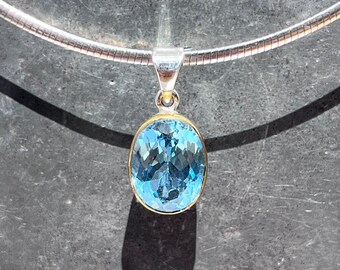 Blue Topaz Pendant - silver with brass edge blue topaz pendant - topaz pendant