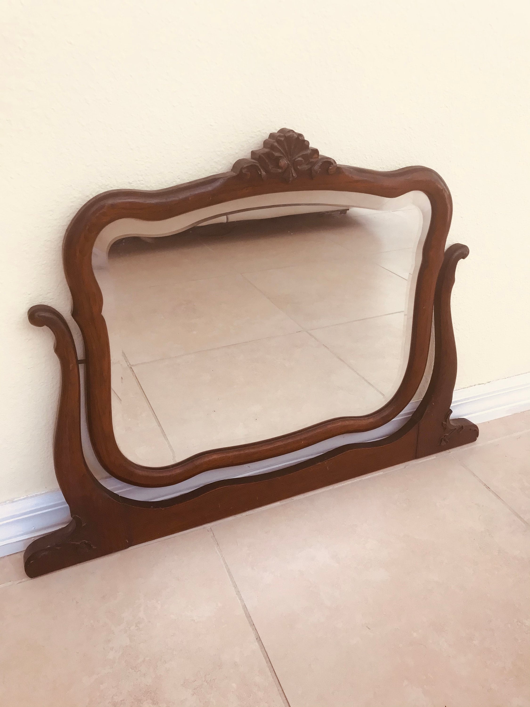 Antique Oak Highboy Dresser Mirror with Original Harp