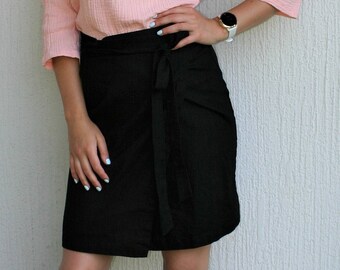 Linen skirt AJDA, black linen wrap skirt, MINI skirt, natural clothing, linen short skirt