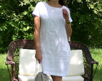 White linen dress BIBA for women, mini dress, natural clothing, short sleeves dress, a dress with pockets