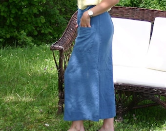 Jupe en lin ANA, jupe longue en lin bleue avec poches, jupe longue