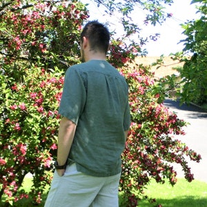 Men&#39;s linen shirt BENO, green linen shirt, short sleeve shirt, summer shirt, natural clothing