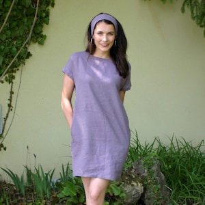 Mini linen dress BIBA, dress with pockets, short sleeve, purple dress, flax dress, dress for women