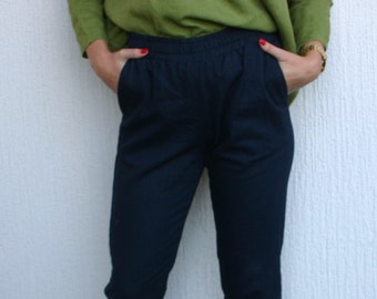 Linen pants MAJA,  deep blue  pants, casual loose pants, flax pants